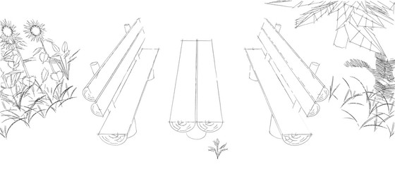 Sketchy abstract drawing of log benches and table in the forest