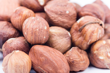 Macro closeup bunch of hazelnuts