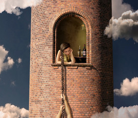 Rapunzel is waiting for her lover in a high tower.
