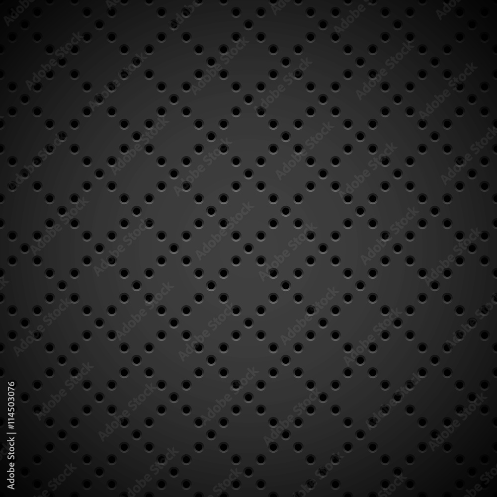 Poster black abstract technology background with seamless circle perforated pattern, speaker grill texture 