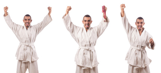 Collage of karate player in kimono isolated on white
