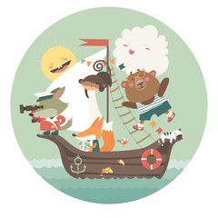 Cute animals travelling by ship on sea