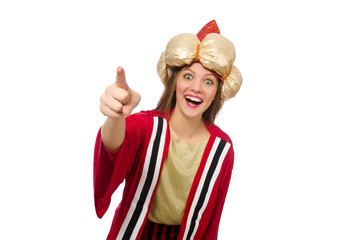 Woman wizard in red clothing isolated on white