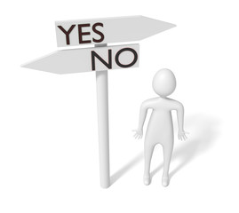 Yes or no: guidepost with 3d man, 3d illustration
