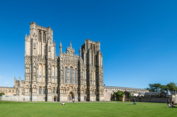 Outdoors of Wells Cathedral. It is an Anglican cathedral dedicated to St Andrew the Apostle, in Gothic and Early English Style