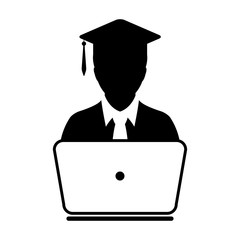 Student Icon with laptop computer - Online Graduation, Academic, Education, Degree icon in glyph vector illustration