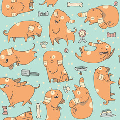 Cute vector illustration with fun puppies in seamless pattern. Pastel colors, blue and orange, different poses, various accessories. Kind illustration good for print, fabric, kids wallpaper, pet shop
