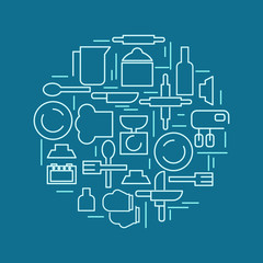 Flat thin line illustration of kitchen utensils, household tools