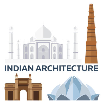 Indian Architecture. Modern flat design. Taj mahal, Lotus temple, gateway of India, Qutab Minar