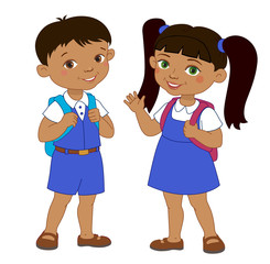 Boy and girl with backpacks pupil stay cartoon school isolated