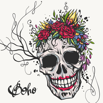 Human skull with flower wreath