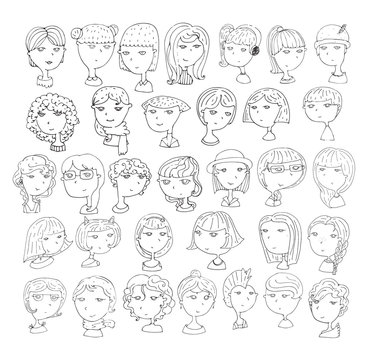 Set of handdrawn girls heads. 33 different hairstyle, smiling faces, with accessories, hats, cat ears, headphones. Black and white hand drawn vector illustration, isolated on white background.