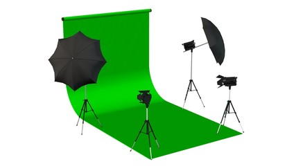 Photo Studio with Green Screen and Light Equipment on white