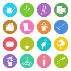 Set of Garden Tools, Round Bright Multicolored Icons Gardening Equipment , Agricultural Tool , Vector Illustration
