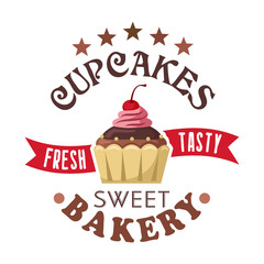 Cupcake shop round badge with chocolate muffin