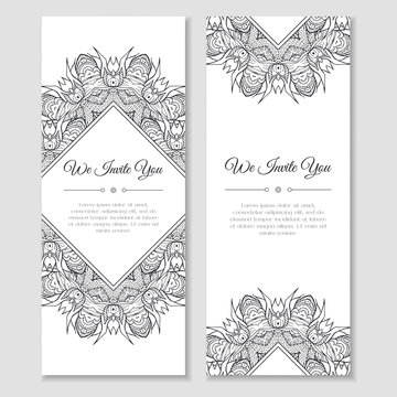 Set of cards or banners with mandala zentangle ornamental frame. Indian mehndi east style. Good for wedding invitation, decoration, greeting, poster, birthday, mother's day, flyer. Vector illustration