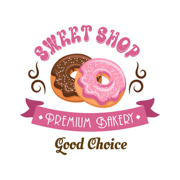 Donut shop retro icon design with glazed doughnuts