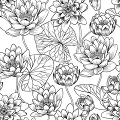 White water lily  vector seamless pattern - obrazy, fototapety, plakaty