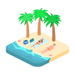 Isometric infographic landscape with sea and people on the beach. Isometric flat 3D landscape.