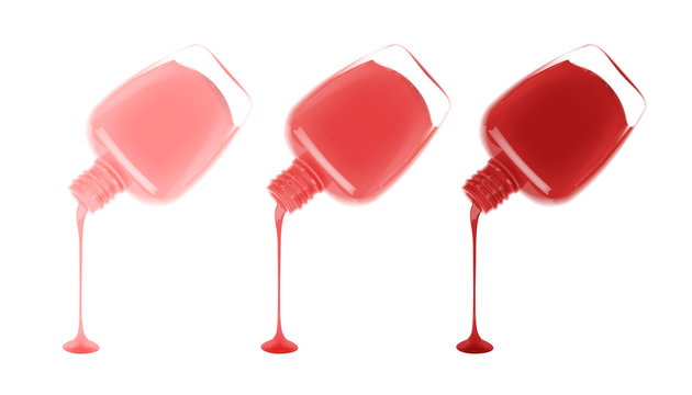 Set of nail polish leaking out of the bottle. Maniqure and pediqure varnish. Vector illustration