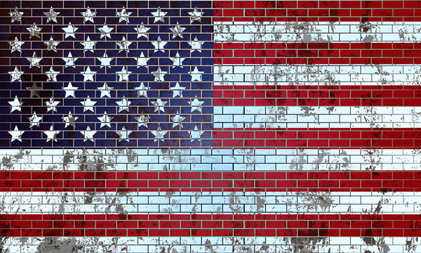 Old brick wall painted in the US flag