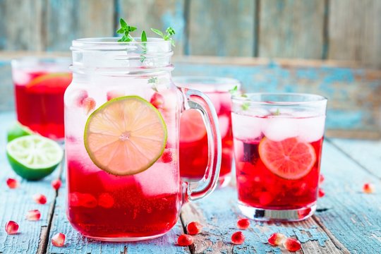 homemade lemonade with pomegranate, mint and lime