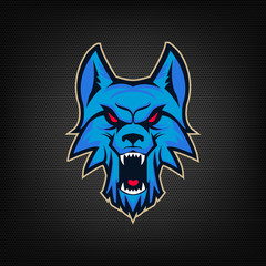 Template of logo with angry wolf head. Emblem for sport team. Ma