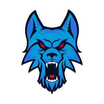 Template of logo with angry wolf head. Emblem for sport team. Ma
