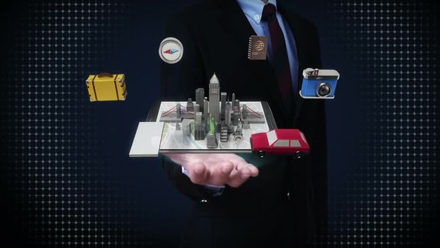 Businessman open palms, Planing to travel city,vacation, Mobile access online tour.