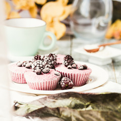 raw vegan berry cheesecake with coconut, portioned