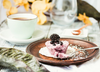 raw vegan berry cheesecake with coconut, portioned