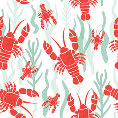 Seamless pattern with lobster. Marine texture with lobster, seaweed. Perfectly look on fabric, wrapping, textile. Vector illustration
