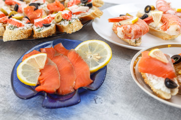 Tasty various italian sandwiches with seafood