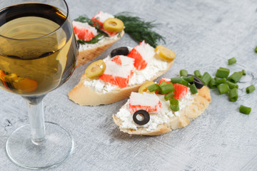 Tasty various italian sandwiches with seafood