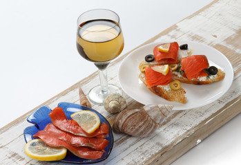 Tasty various italian sandwiches with seafood