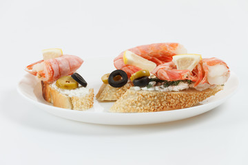Tasty various italian sandwiches with seafood