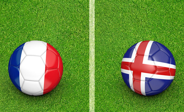 Team balls for France vs Iceland football tournament match, 3D rendering
