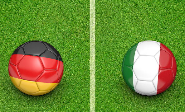 Team balls for Germany vs Italy football tournament match, 3D rendering