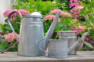 arrosoirs en métal devant massif de fleurs 