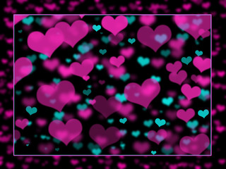 Hearts pink and blue in bokeh format with border of pink bokeh hearts.  Center area in both pink and blue hearts.