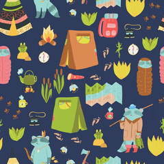 Summer adventure seamless vector pattern. Cute camping elements and adorable raccoons.