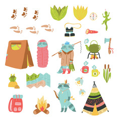 Summer adventure vector set. Cute camping elements and adorable raccoons.