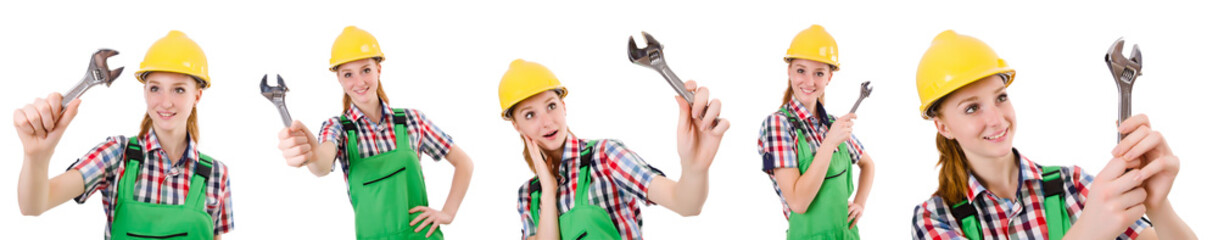 Constructon worker female with wrench isolated on white