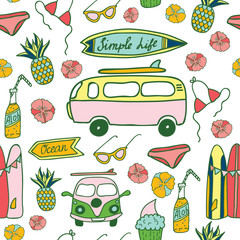 Hawaii Surfing Party seamless vector pattern.