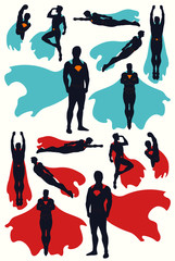 Superhero different action poses set: flying,standing,looking,fighting,protecting. Super Hero posing, Silhouettes collection with cloaks. Hand drawn vector illustration, separated elements and lines.