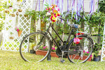 Fototapeta na wymiar Vintage Bicycle with flowers on summer landscape background