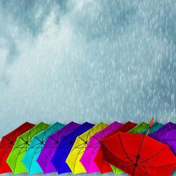 Rainy weather background with rain pouring down on a row of colorful umbrellas.