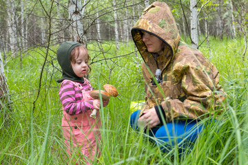 a woman with a baby in the woods collecting mushroomsa woman wit