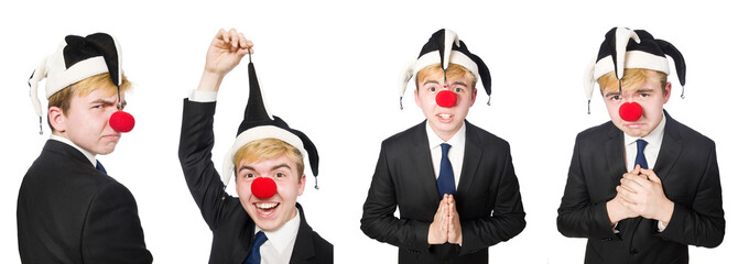 Collage of clown businessman isolated on white