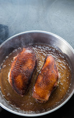 Duck fillet on grille pan. Poultry meat prepared on a grill. Fresh, delicious, spicy dish on a kitchen with copy space closeup and copy space.

